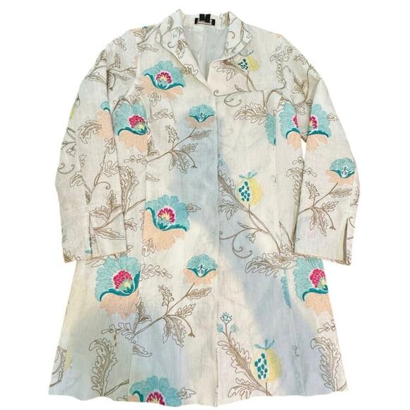 PaperWhite Women's White Long Floral Embroidered Linen Blazer Jacket Size 12 - Picture 1 of 11